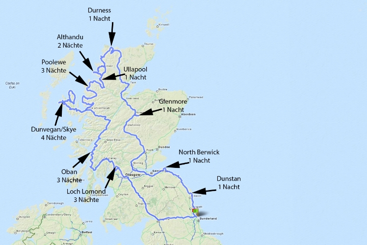 Unsere Reiseroute und Campingplätze Fähre von Amsterdam nach Newcastle 3 Nächte am Loch Lomond in Balmaha 3 Nächte in Oban 4 Nächte in Dunvegan auf Skye 3 Nächte in Poolewe 1 Nacht in Ullapool 2...