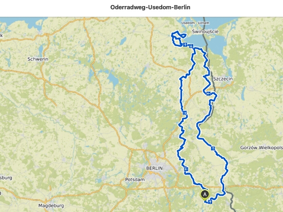 Beeskow-Kienitz (Oder) 101km Kienitz-Mescherin (Oder) 97km Mescherin-Rieth (Stettiner Haff) 86km Rieth-Stadt Usedom 82km Usedom-Pasewalk 93km Pasewalk-Chorin 99km Chorin-Fürstenwalde (Spree) 98km Fürstenwalde-Beeskow 40km Summe 8 Tage/696 km https://www.komoot.de/tour/71519322/zoom