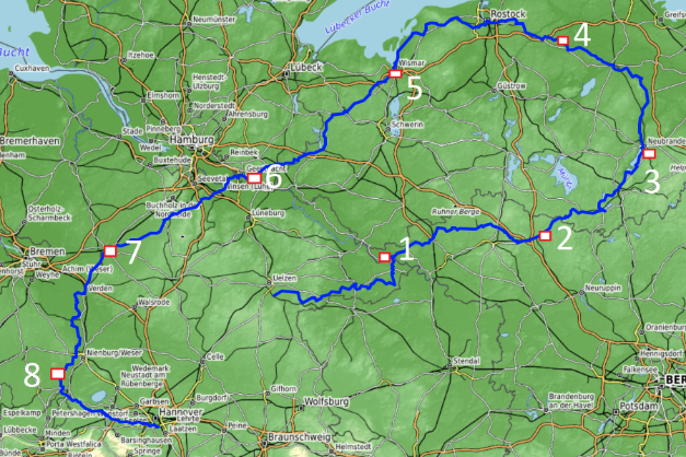 Übersicht 1.Tag, 104km Wrestedt-M�dlich 2.Tag, 94km M�dlich-Wittstock 3.Tag, 92km Wittstock-Neubrandenburg 4.Tag, 108km Neubrandenburg-Amt Tessin 5.Tag, 98km Amt...