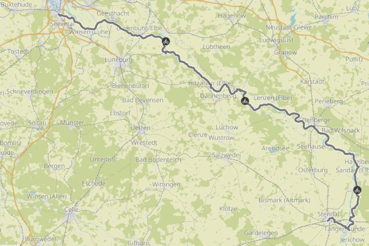 Tag1: Harburg-Hitzacker 102km, Tag2: ->Wittenberge 79km, Tag3: ->Stendal 92km Tag1: Harburg-Hitzacker 102km, Tag2: ->Wittenberge 79km, Tag3: ->Stendal 92km
