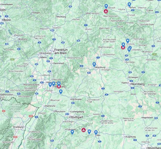 Orte ROT markiert die Campingplätze, BLAU die Ausflüge https://www.google.com/maps/d/u/0/edit?mid=1RHcpzfooSzQsWwspDpm4Apz1uHCu4Dg&ll=49.67716556188965%2C9.812369299...